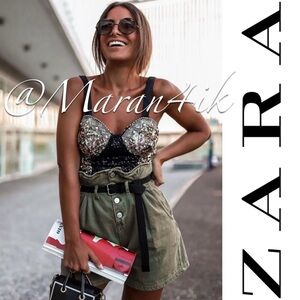 ZARA Belted Paperbag Shorts Pleated High waisted Khaki Military Green XS